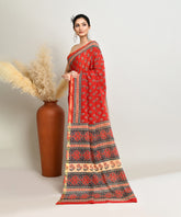 Red Floral Pure Ajrakh Handblock Printed Sico Chanderi Saree